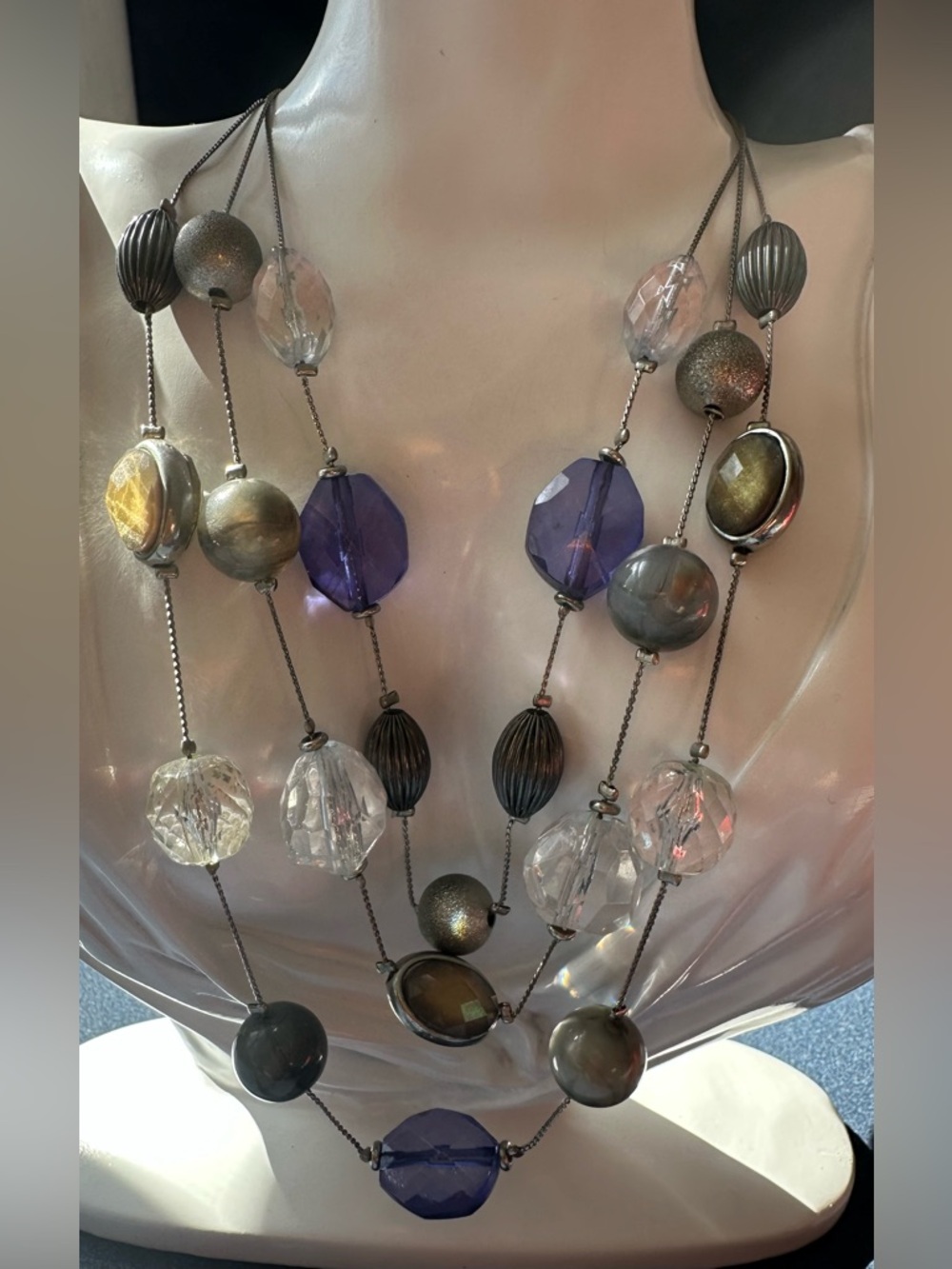 NY Purple Silver Gray & ClearTriple Layer Strands Faceted Bead Bauble Necklace